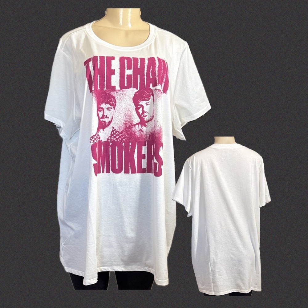 The Chainsmokers 3X White Pink Band Graphic T-Shirt Short Sleeve Crew Neckline